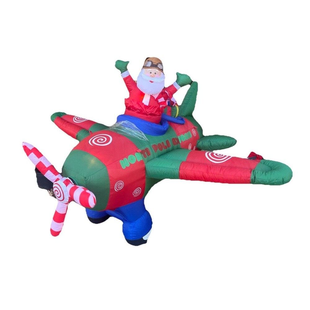 Inflatable Santa Clause Pilot Christmas Airplane Spinning Propeller 6ft Vintage
